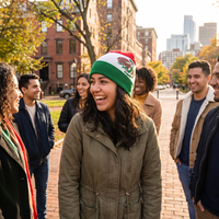 woman in beanie that looks like flag of mexico