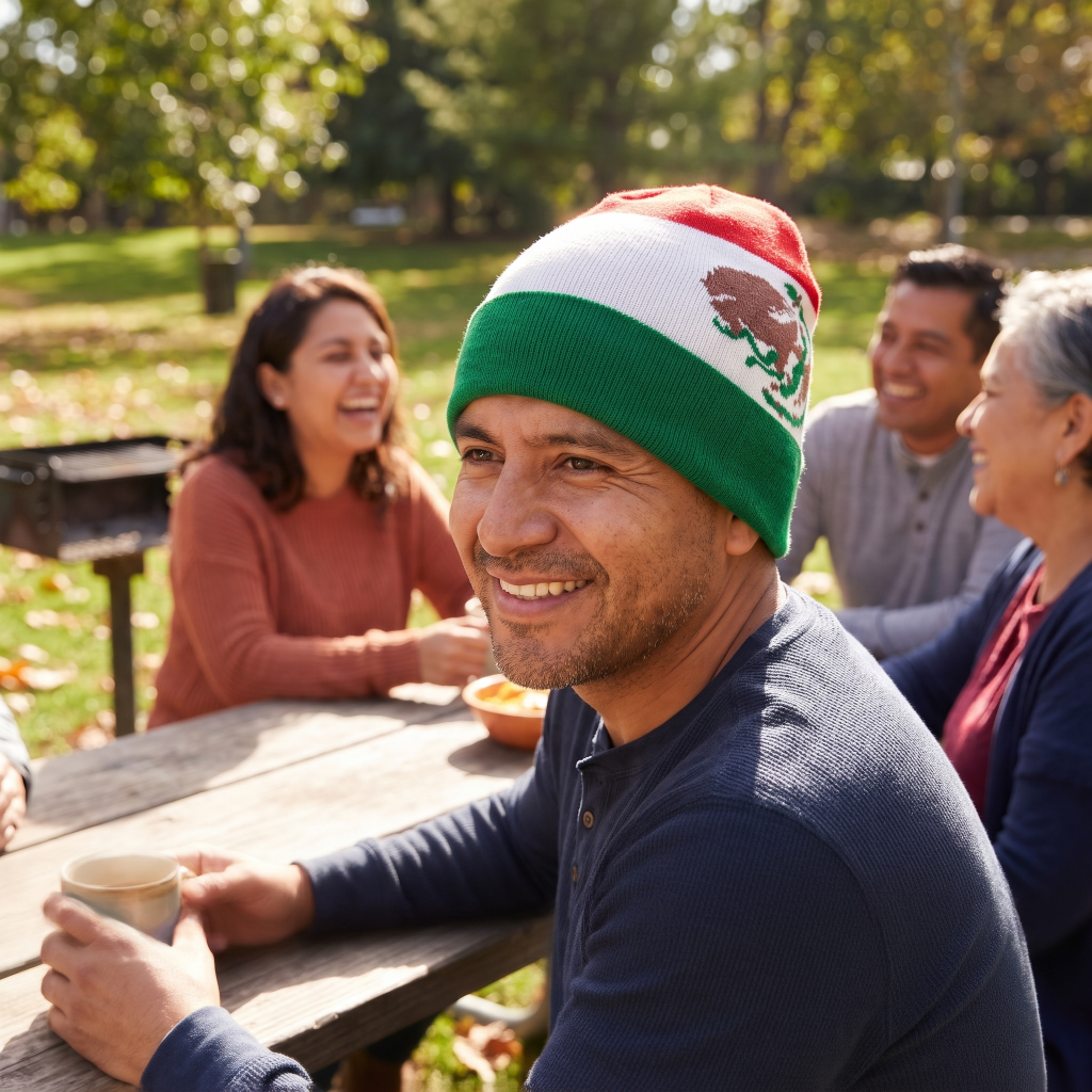 man at picnic table wearing mexico flag beanie