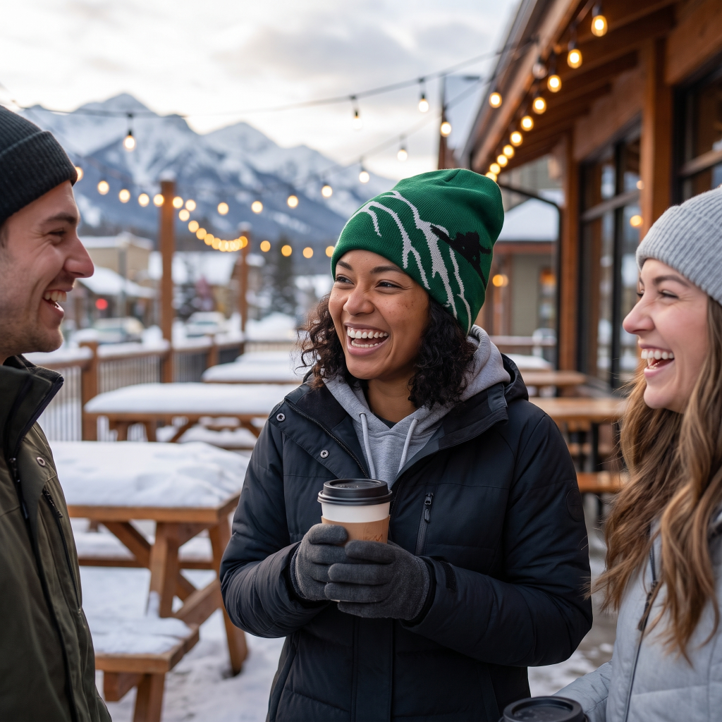 Girl holding coffee wearing green snowboard beanie