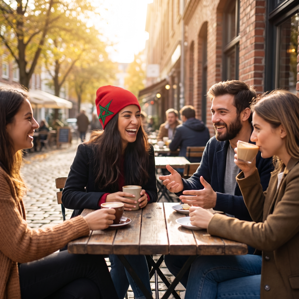 Four people laughing and talking at outdoor cafe tables on a cobblestone street lined with brick buildings and autumn trees.