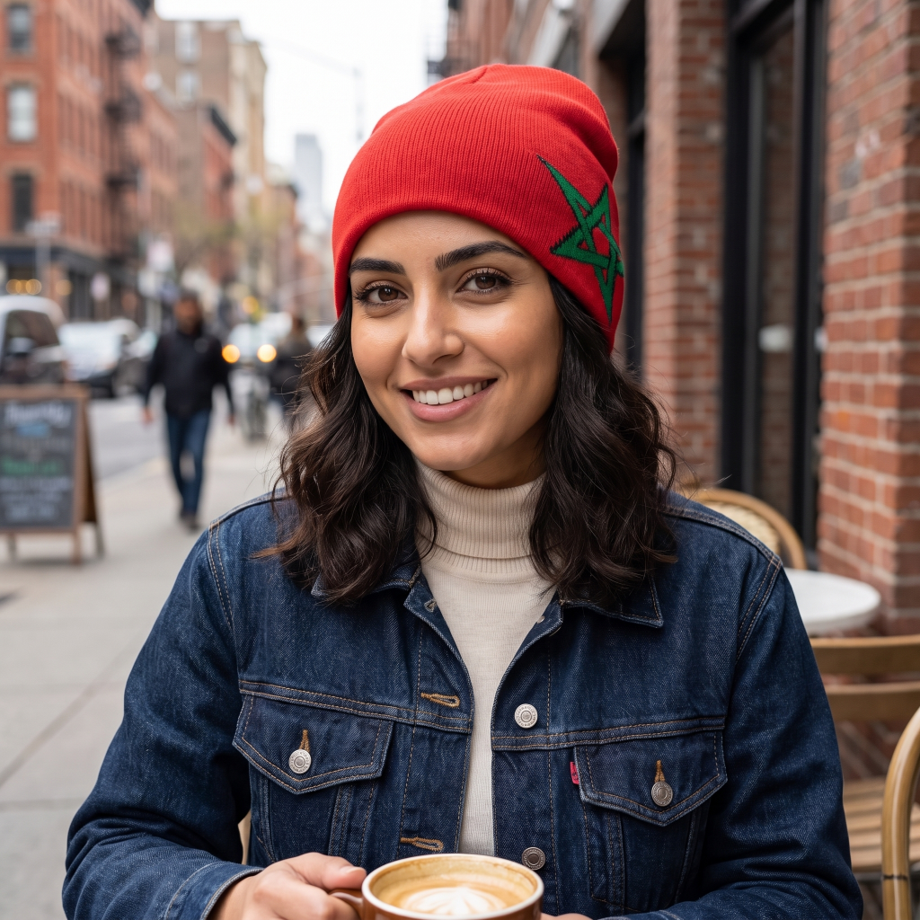 A woman wearing a bright red knit beanie with a green embroidered star, a dark blue denim jacket, and a cream turtleneck, holding a cup of coffee on a city street.