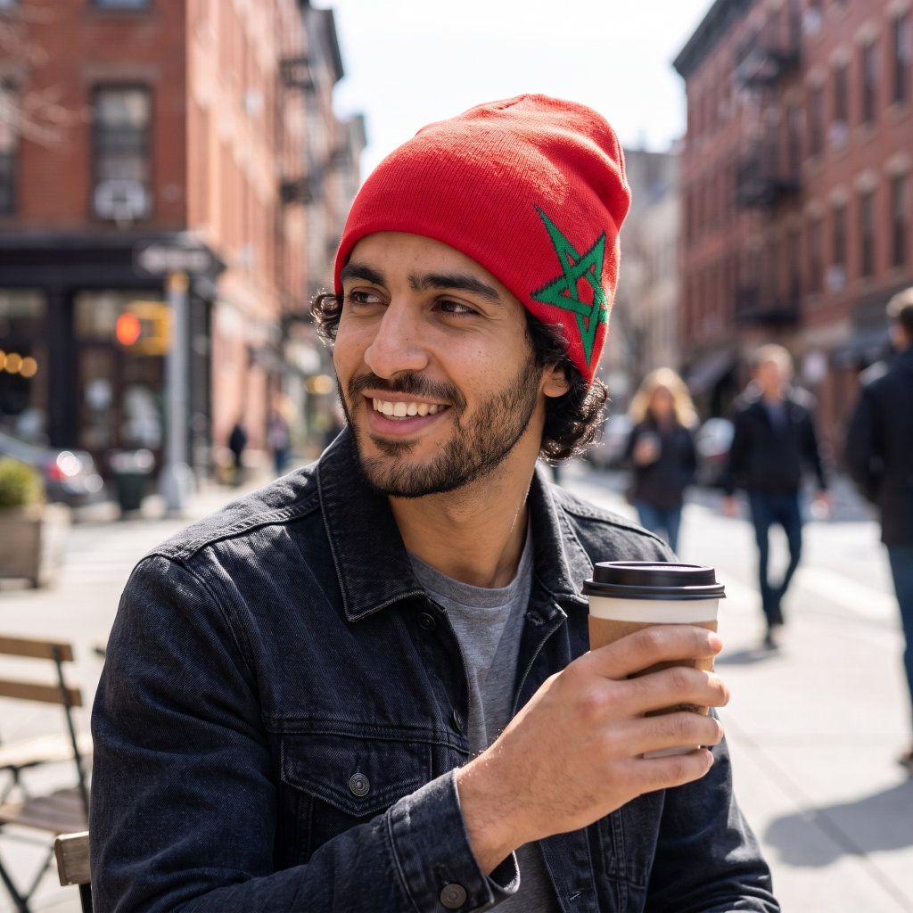 A man wearing a red knit beanie with a green Moroccan star emblem, sitting on a city street and holding a takeaway coffee cup.