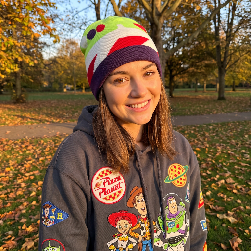 A smiling young woman outdoors in a park wearing a gray hoodie with multiple Buzz Lightyear and Toy Story patches, along with a colorful knit beanie.