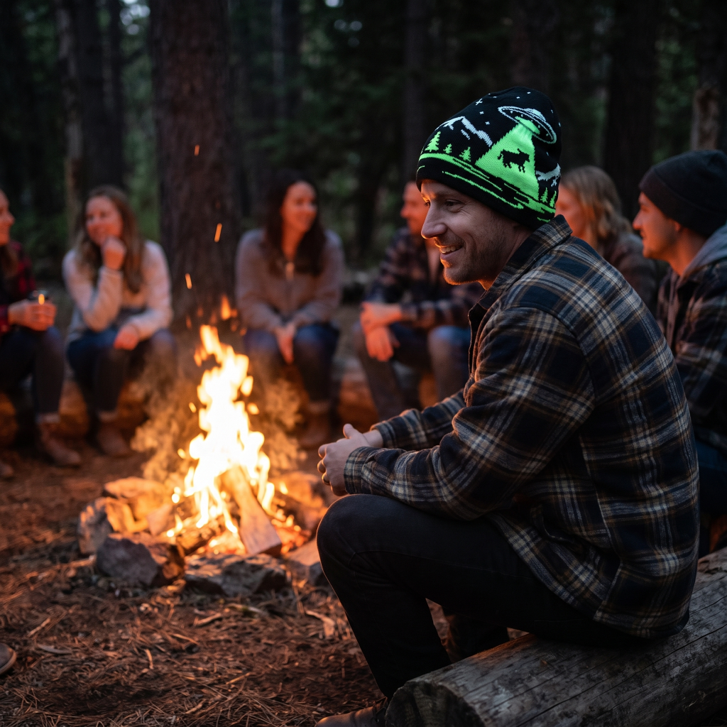 A man wearing a black and neon green beanie with a wolf graphic sits by a campfire in a forest, surrounded by a group of friends.