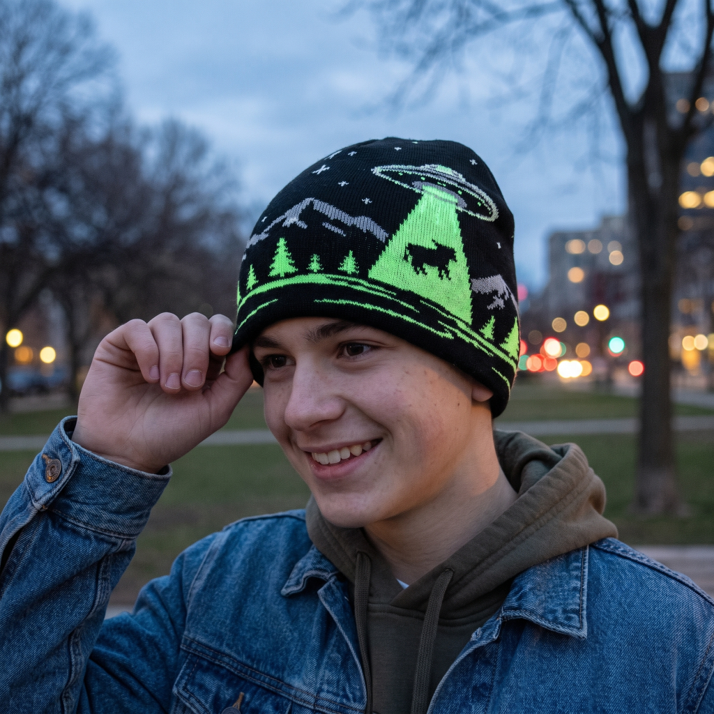 A smiling young man outdoors at dusk wearing a black knit beanie with a bright green and gray mountain, tree, and UFO pattern, along with a blue denim jacket and brown hoodie.