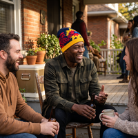 Three friends laughing on a porch, with the central person wearing a colorful knit beanie hat. The scene includes a brick house, potted plants, and other people in the background.