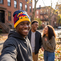 A smiling man in the foreground takes a selfie while wearing a colorful knit beanie with a navy blue top, yellow lower band, and red sunburst pattern. Two other people are visible in the background on a city street with brick buildings and fallen leaves.