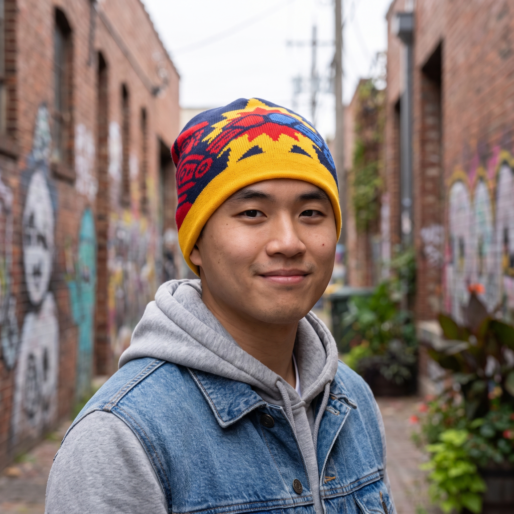 A man wearing a vibrant yellow, red, and blue patterned knit beanie, a gray hoodie, and a denim vest, standing in an urban alleyway with brick walls and graffiti.