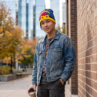 A man wearing a colorful knit beanie, a blue denim jacket, and a graphic t-shirt stands outdoors next to a brick wall, holding a coffee cup.