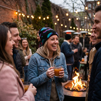 A group of friends laughing and drinking outdoors at a fire pit table, with warm string lights and a brick wall in the background.