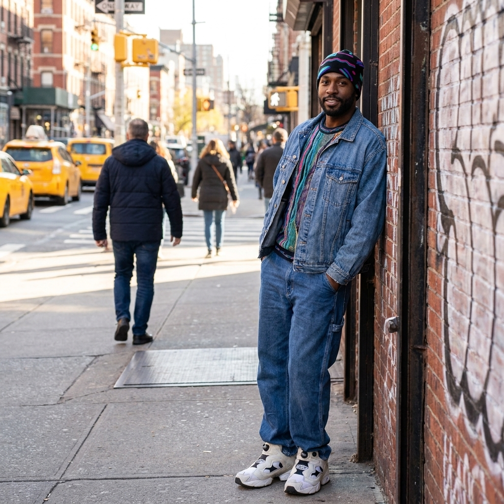 A man stands on a city sidewalk leaning against a brick wall, wearing an oversized blue denim jacket and matching blue jeans with white sneakers. Yellow taxis and pedestrians are visible in the background of the urban street scene.