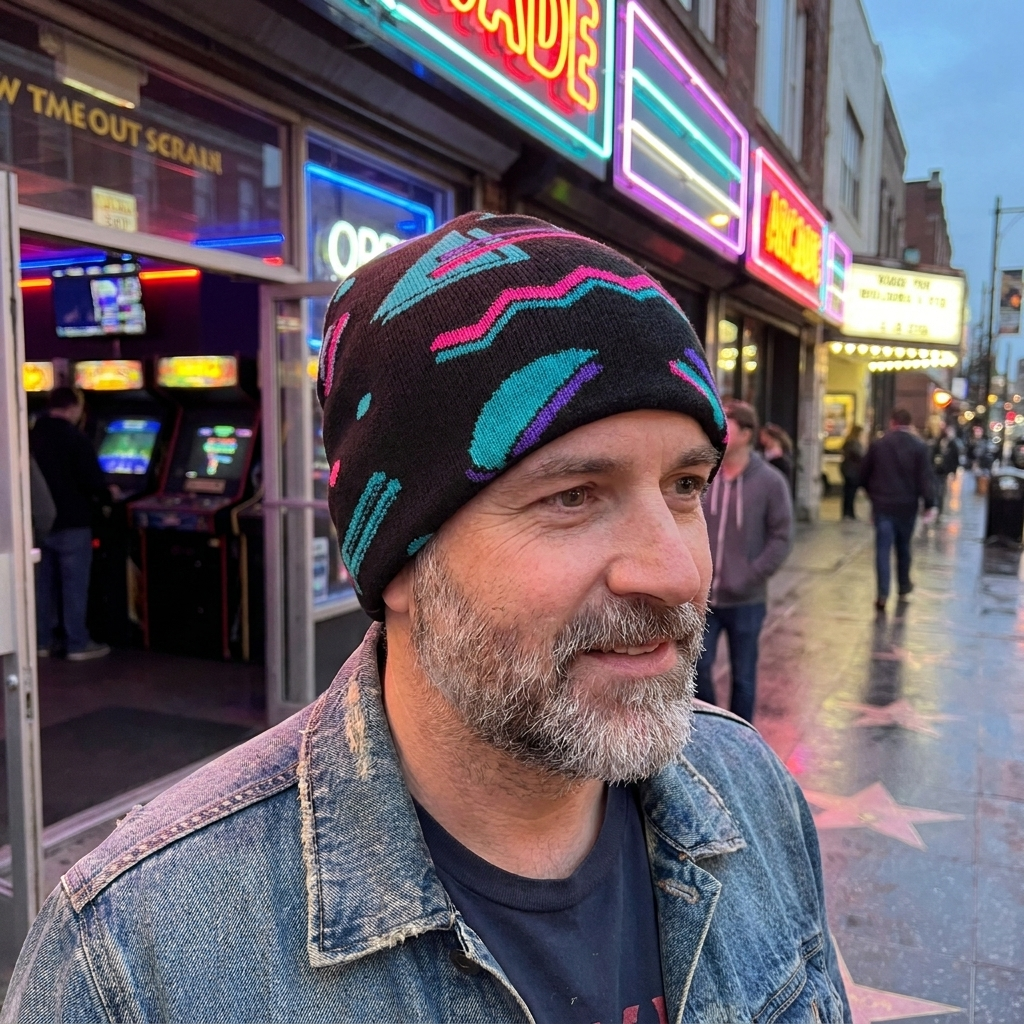 A man wearing a black knit beanie with a colorful geometric pattern in pink, teal, and blue, standing on a wet city street in front of neon-lit storefronts.