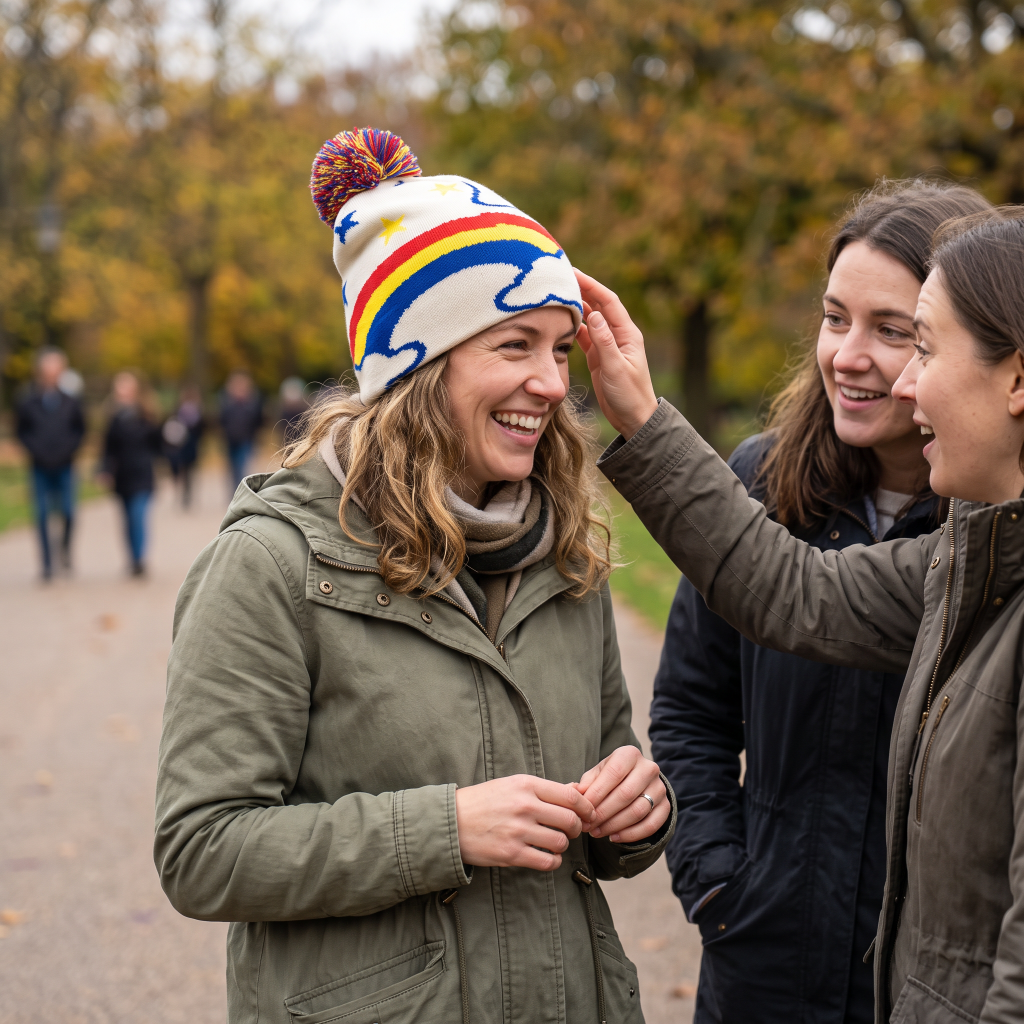 A woman outdoors on a park path wearing a cream knit beanie with a rainbow stripe and blue cloud pattern, while another woman adjusts the brim. The scene is in autumn with blurred trees in the background.