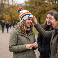 A woman outdoors on a park path wearing a cream knit beanie with a rainbow stripe and blue cloud pattern, while another woman adjusts the brim. The scene is in autumn with blurred trees in the background.
