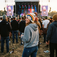A person standing at an outdoor concert or festival, seen from the back and side, wearing a gray hoodie, blue jeans, and a colorful knit beanie with rainbow stripes and a pom-pom. A large stage with screens and a crowd is visible in the background.
