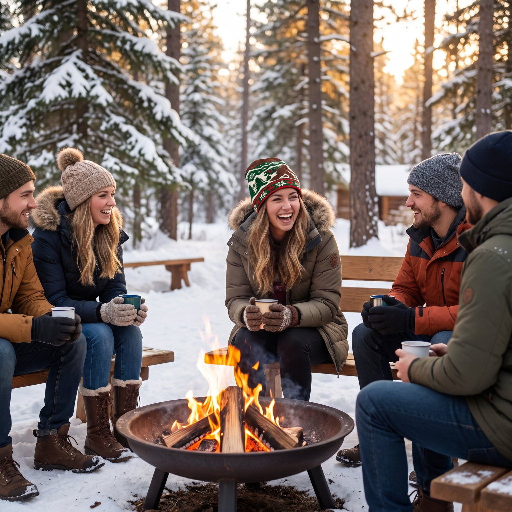 Four people sitting around a fire pit in a snowy forest, wearing winter jackets and beanies, with logs burning in the center.