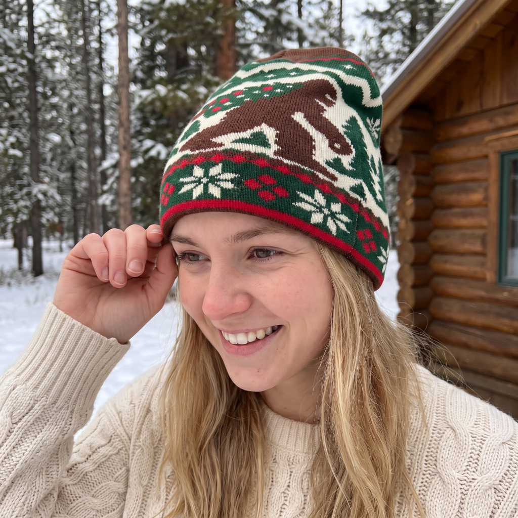 A woman wearing a festive knit beanie with a brown Bigfoot design, green and cream holiday patterns, and red trim, standing outdoors in a snowy forest next to a wooden cabin.