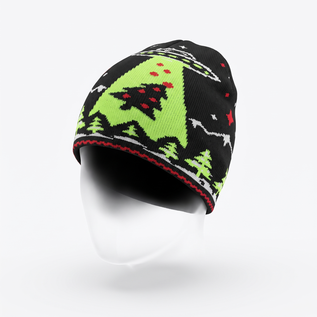 A black knit beanie hat featuring a bright green Christmas tree design with red ornaments and white snowflakes, displayed on a white mannequin head against a light gray background.