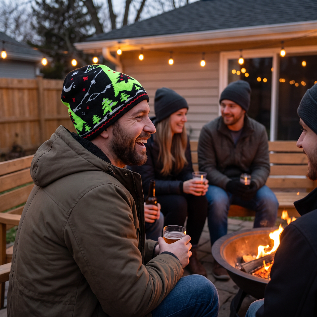 Four people sitting around a fire pit table on a wooden deck at dusk, wearing cozy knit beanies and jackets. A house with warm string lights and a wooden fence is visible in the background.