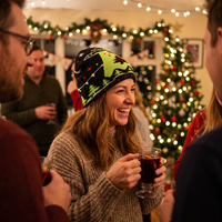 A woman at a cozy holiday gathering wears a black knit beanie with a green and black mountain-and-tree pattern, smiling while holding a drink in a warmly lit room with Christmas decorations in the background.