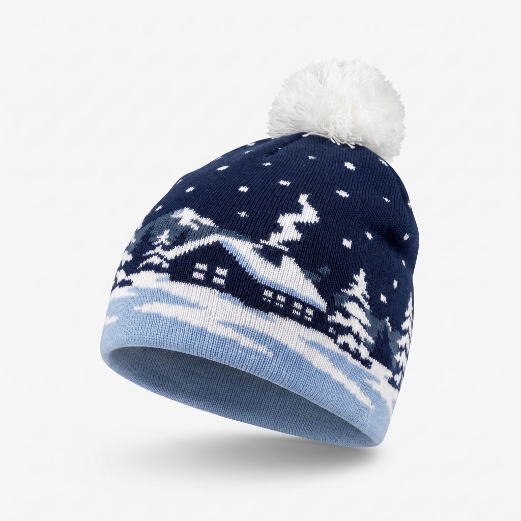 A navy blue knit beanie with a white pom-pom on top, featuring a knitted winter village scene with snow-covered trees and houses. The cuff of the beanie is light blue.