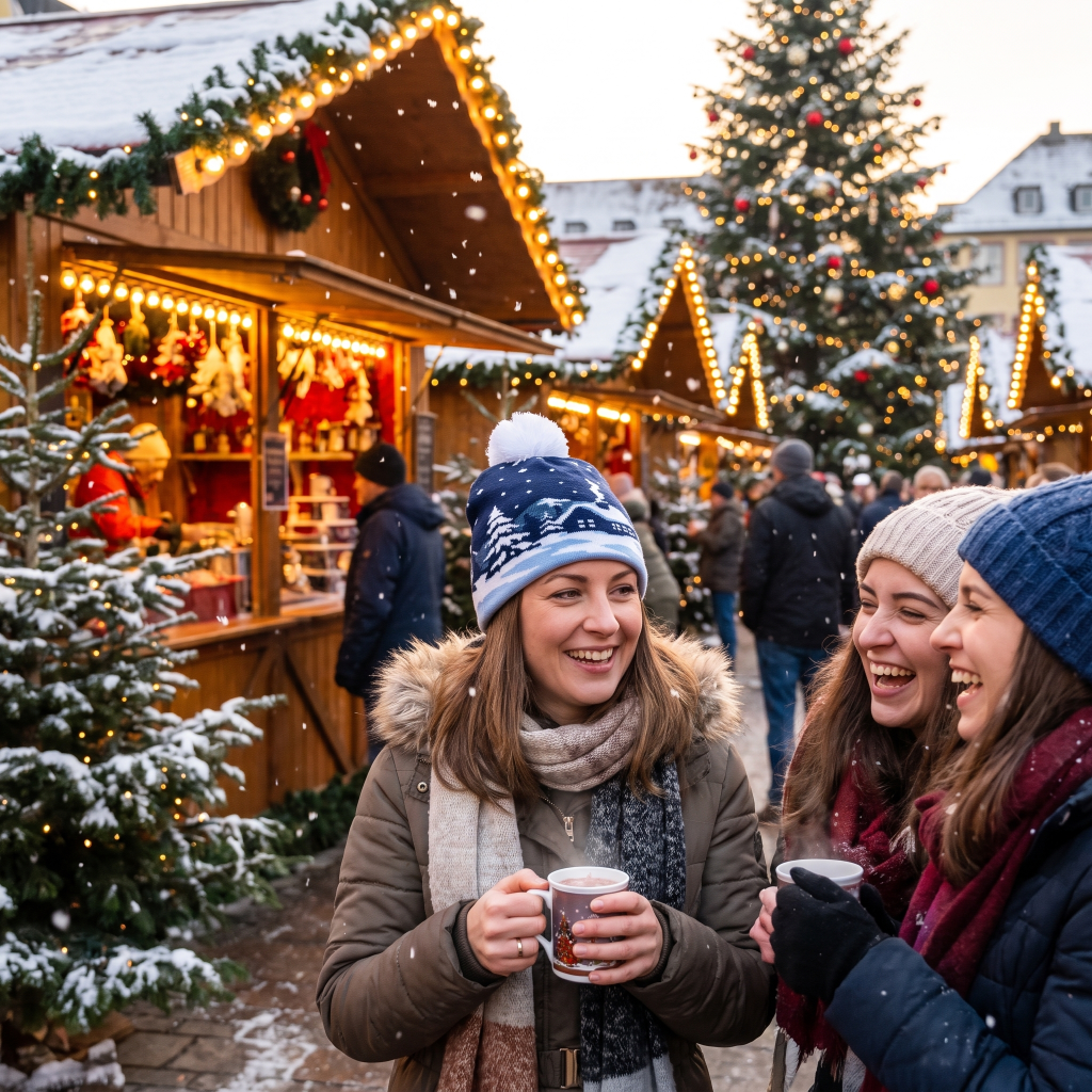 Three women laughing at a snowy outdoor Christmas market, wearing knit beanies and winter jackets while holding mugs in front of wooden market stalls and a decorated Christmas tree.