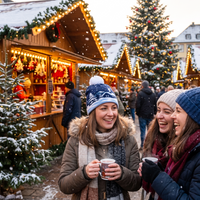 Three women laughing at a snowy outdoor Christmas market, wearing knit beanies and winter jackets while holding mugs in front of wooden market stalls and a decorated Christmas tree.