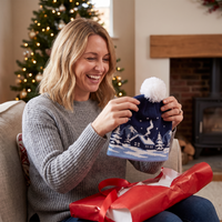 A woman in a cozy living room setting, smiling as she holds up a navy blue Christmas knit hat with a white pom-pom. The hat features a winter village scene with snow-covered houses and trees.