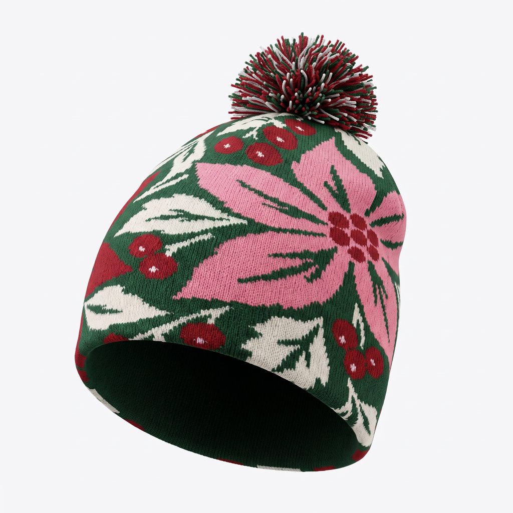 A knit pom-pom beanie hat featuring a festive holiday pattern with a large pink poinsettia, red berries, and green leaves on a cream background, finished with a dark green pom-pom.