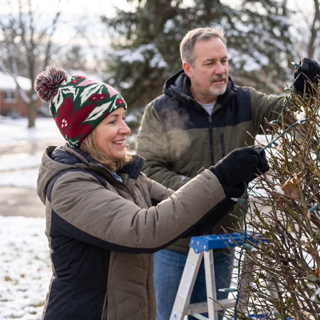 A woman in a festive red, green, and white knit pom-pom beanie and a man in a winter jacket hang holiday lights on a bush outdoors in a snowy yard.