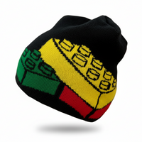 Black beanie with colorful geometric pattern on a white background