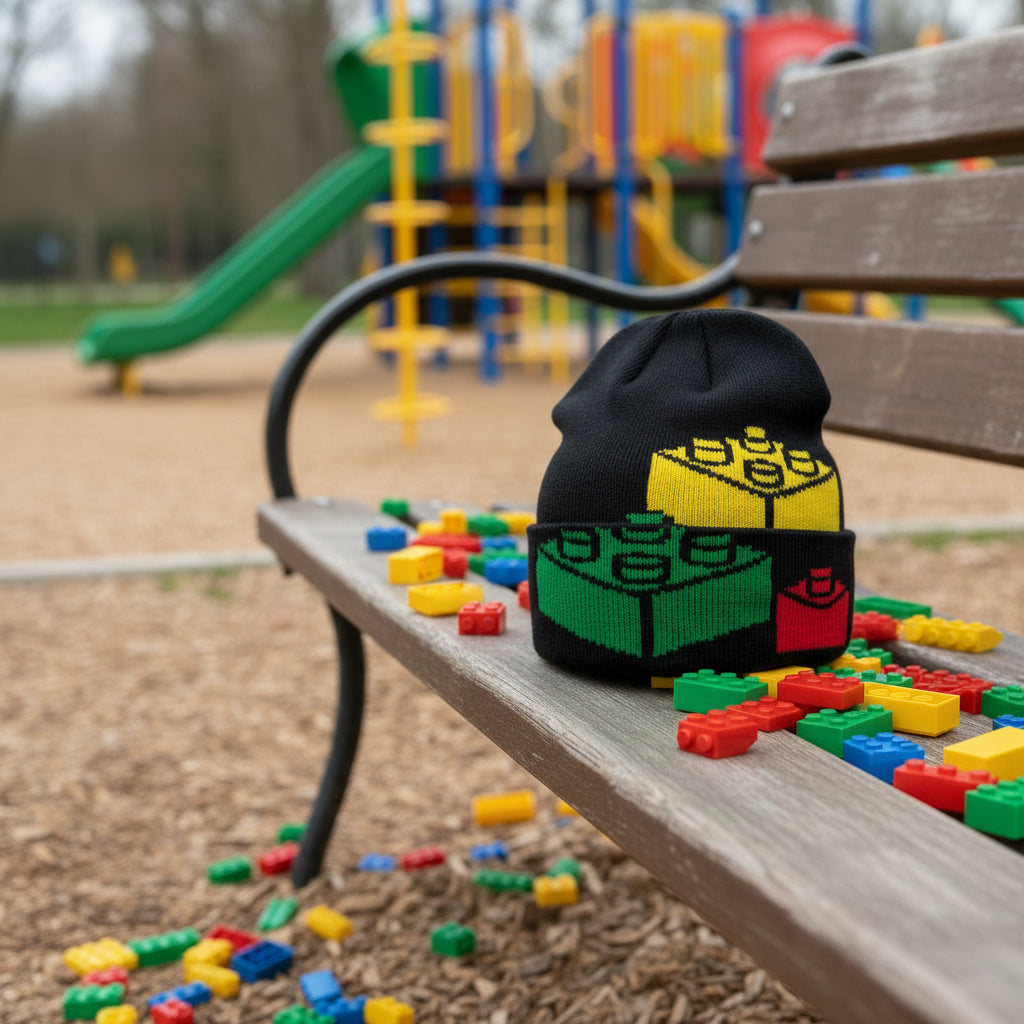 Black beanie with green and yellow design on a mannequin head against a white background