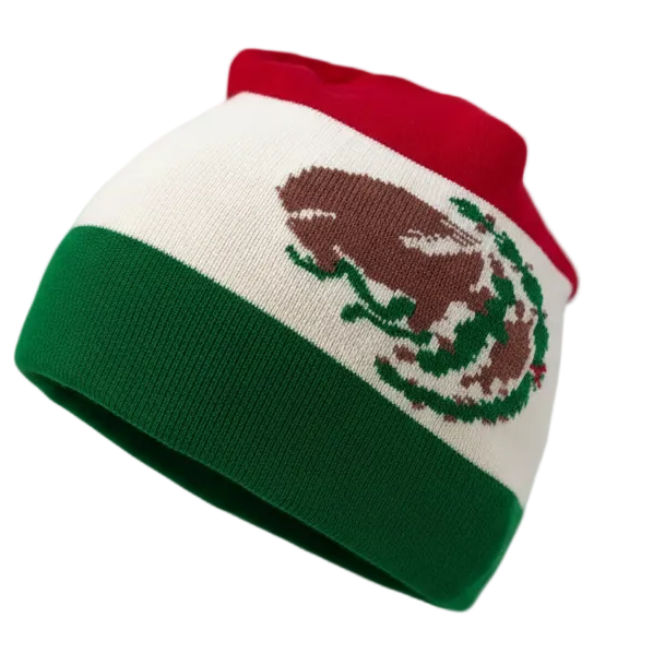 Knitted hat with a mexico flag design on a white background