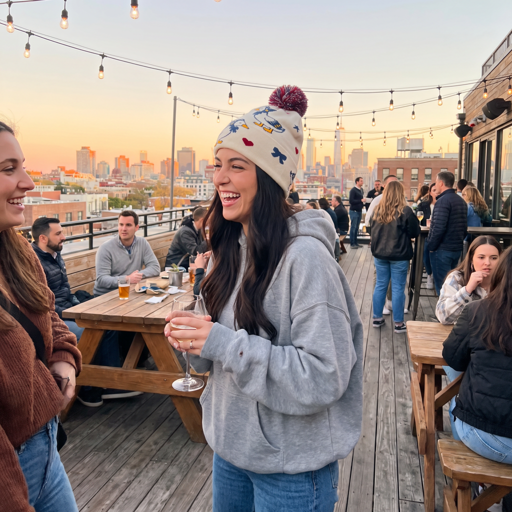 A woman on a rooftop bar deck at sunset wearing a light gray hoodie and a cream beanie with colorful cartoon graphics and a red pom-pom. She is holding a wine glass and smiling, with other people, tables, and a city skyline in the background.