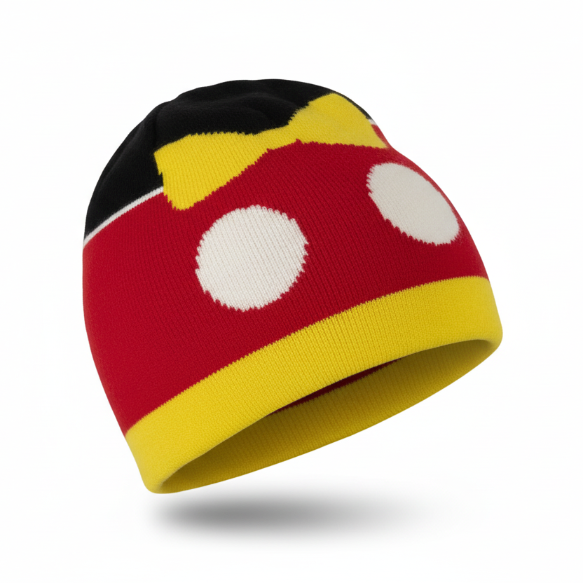 Colorful beanie with black, red, yellow, and white design on a white background