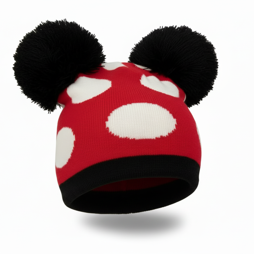 Red beanie with white polka dots and black pom-poms on a white background