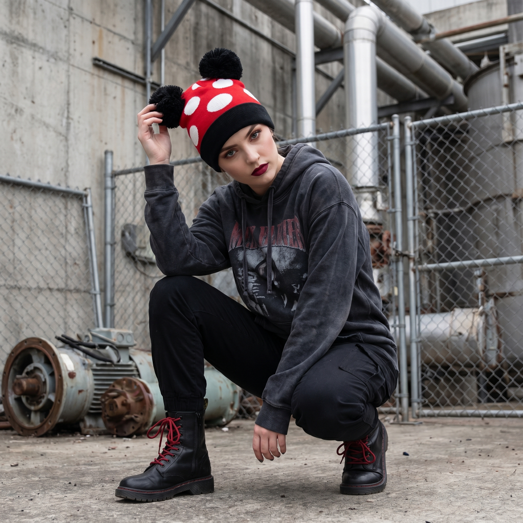 Person wearing a black hoodie with red text, black pants, and black boots, holding a red and black beanie with white polka dots.
