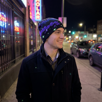 Glowing space beanie on guy in street