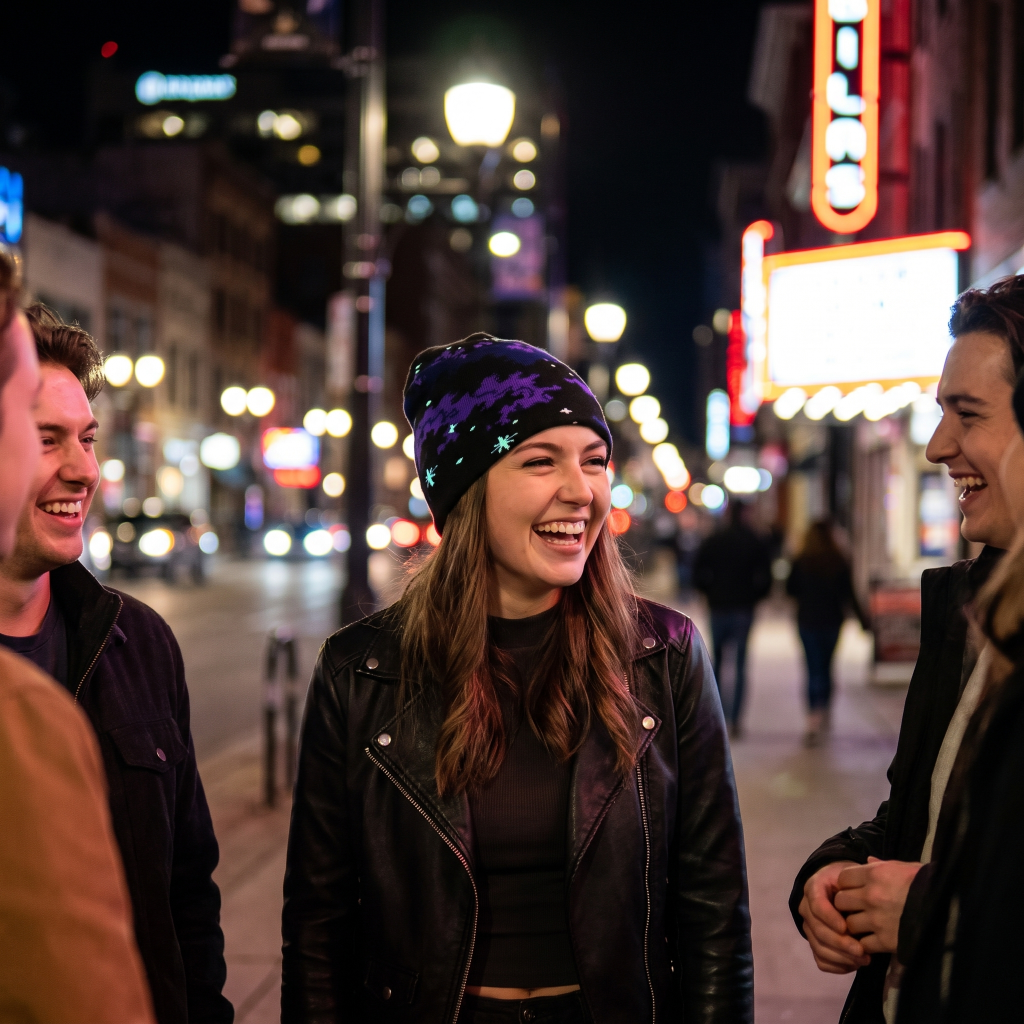 girl laughing wearing space beanie
