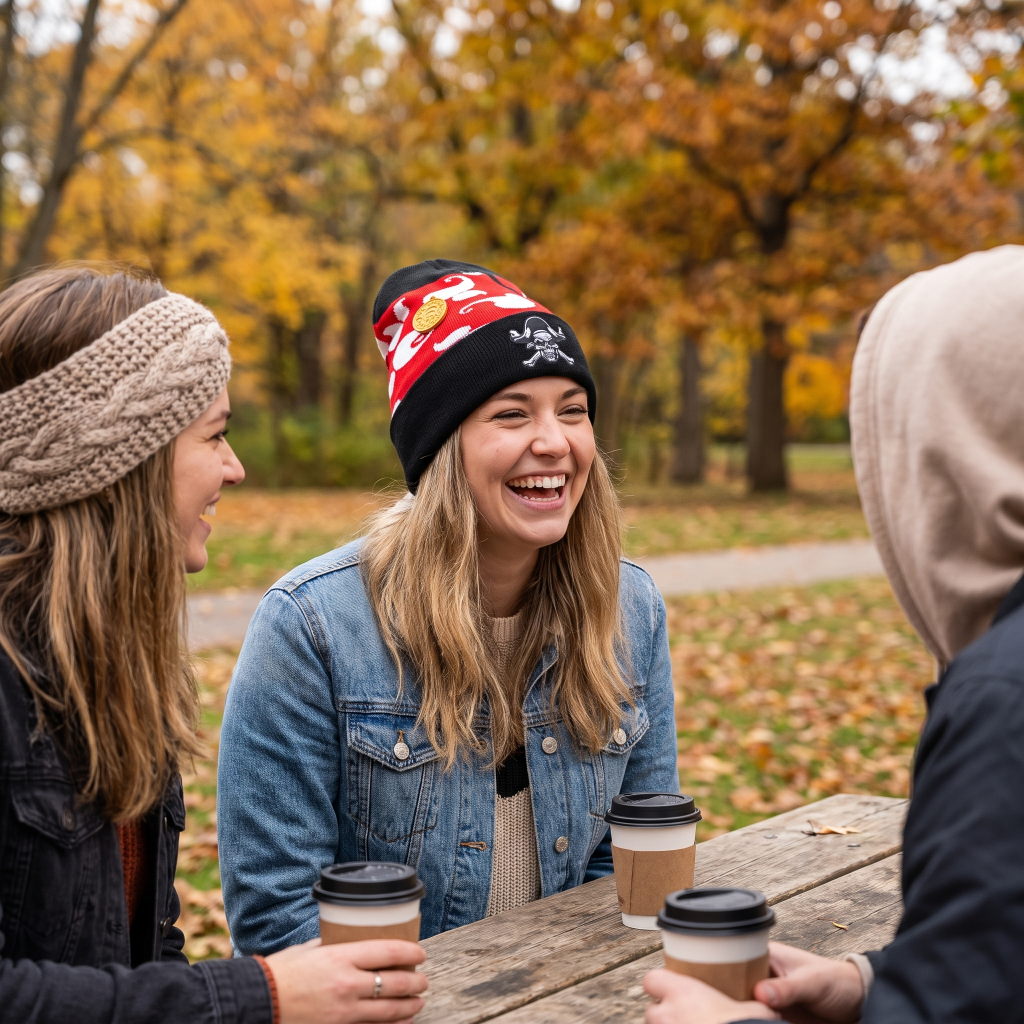 woman at picnic table wearing pirate beanie