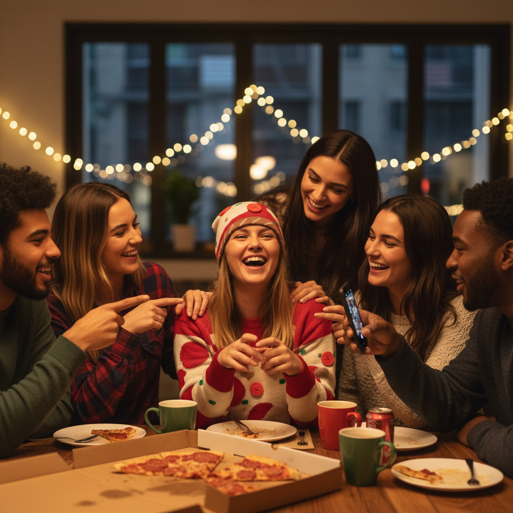 Pizza beanie group lifestyle shot - center of attention