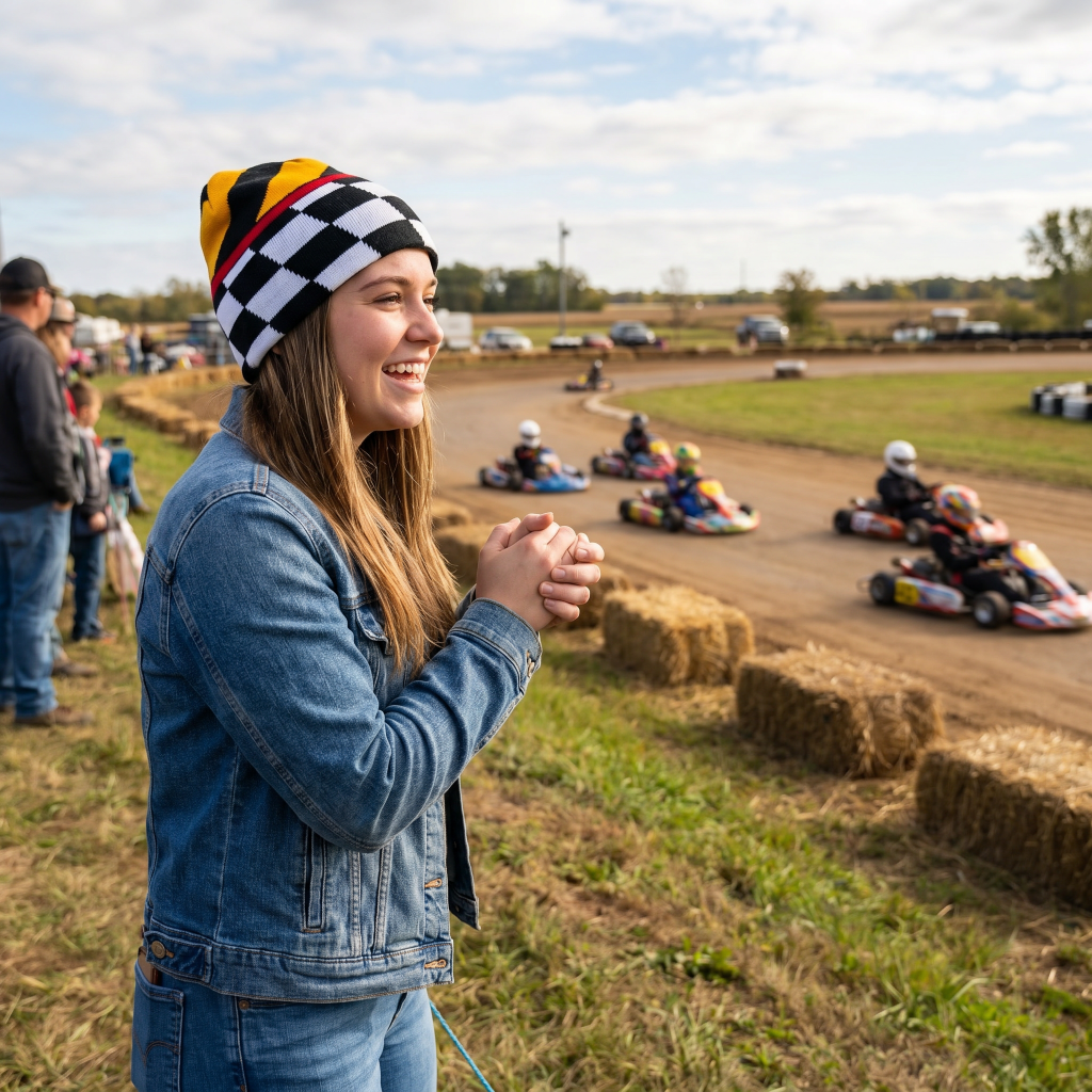 girl watching go-karts wearing pit lane beanie