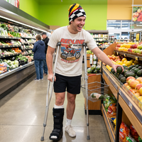 man on crutches wearing pit lane beanie