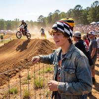 Boy in denim watching motocross