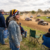 Woman watching dirt track racing wearing pit lane beanie