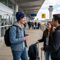 man standing at airport wearing air route beanie