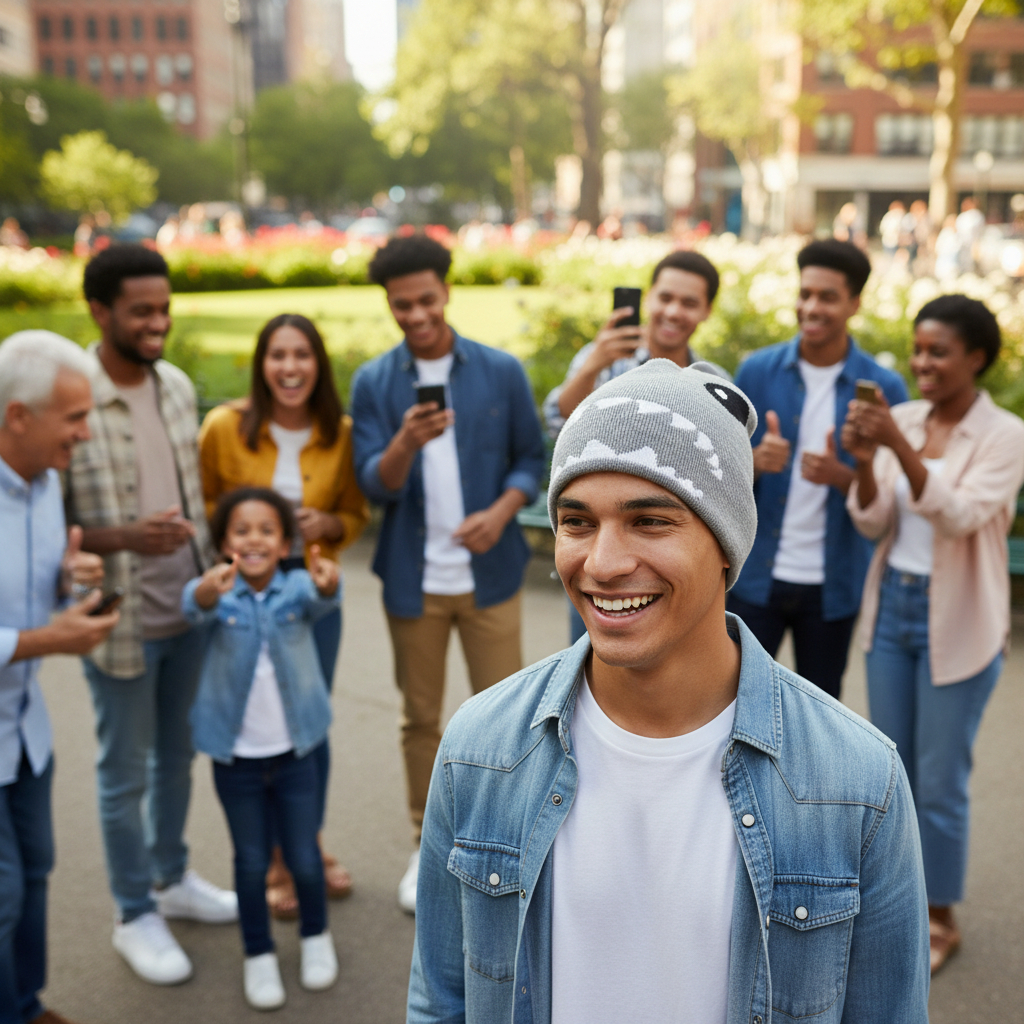 Shark beanie public attention lifestyle shot