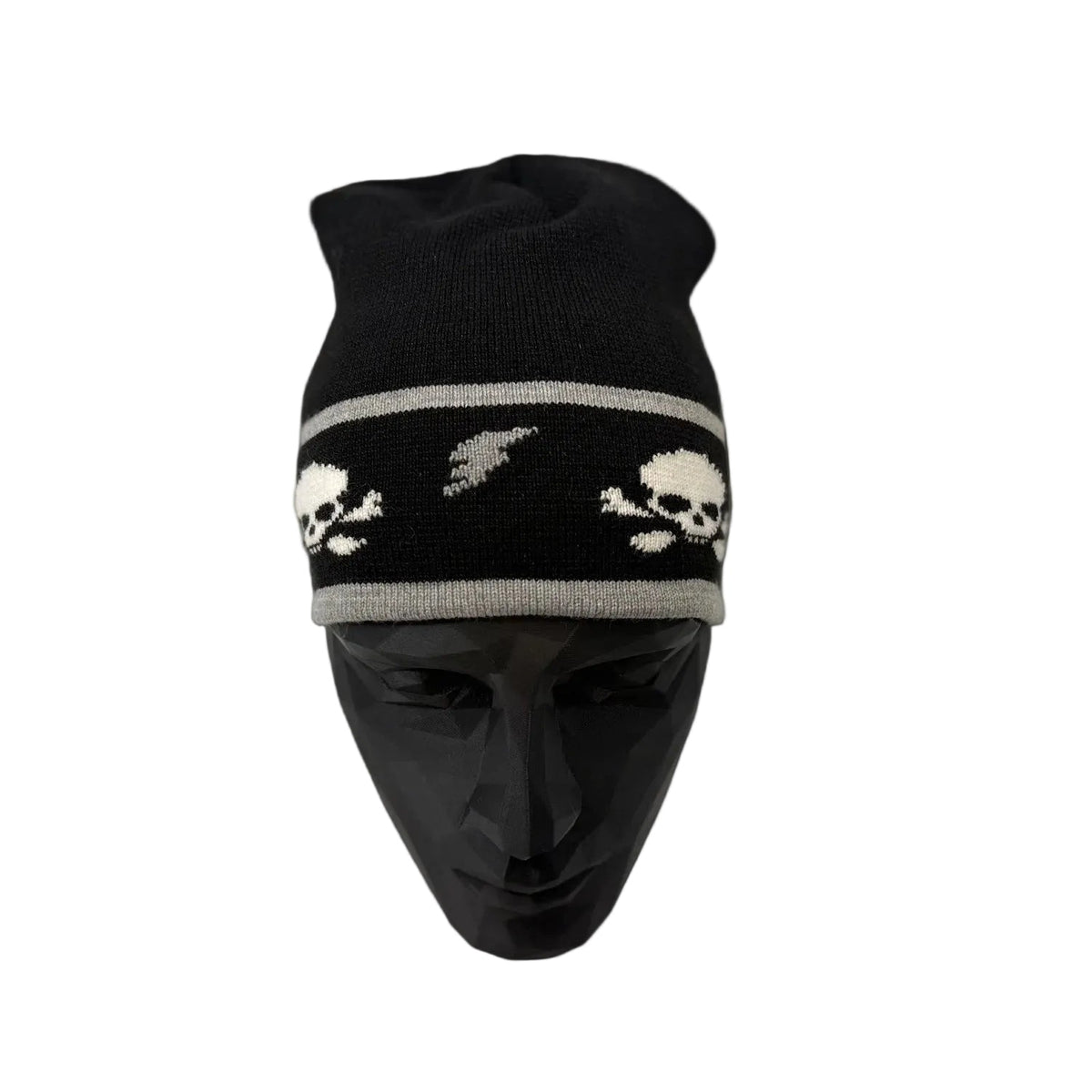 Black beanie with skull designs on a white background