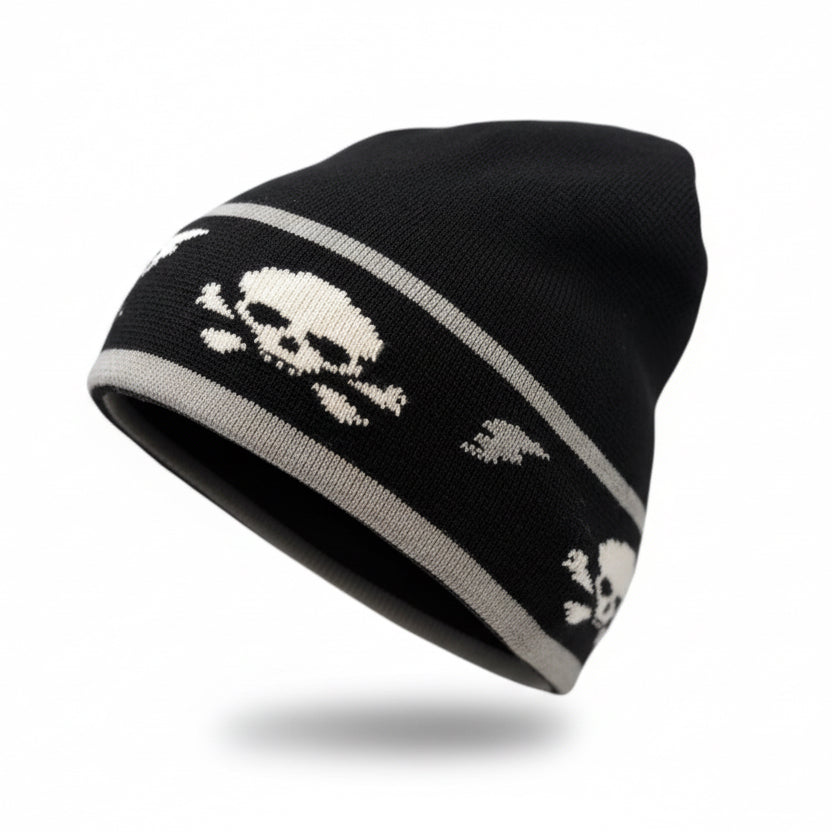 Black beanie with skull designs on a white background