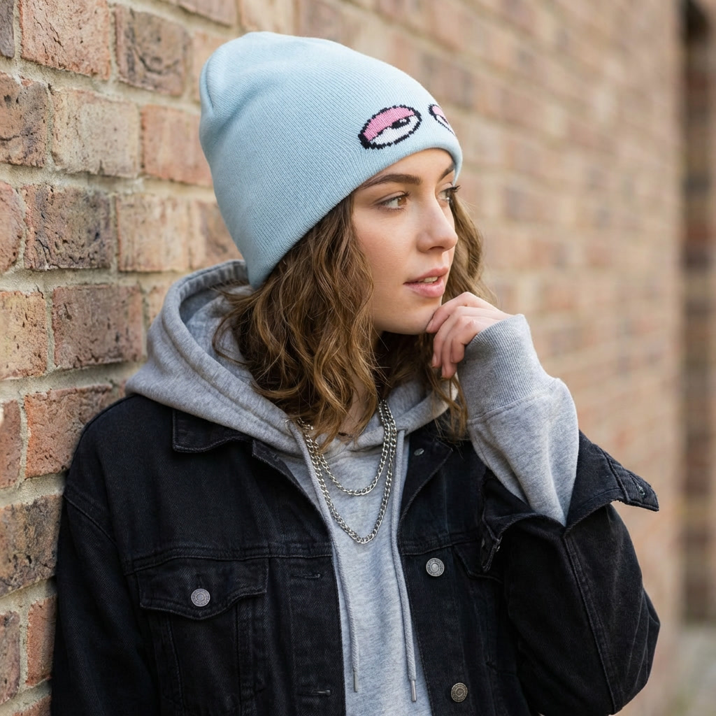 Woman wearing a light blue beanie with pink designs, gray hoodie, and black jacket against a brick wall.
